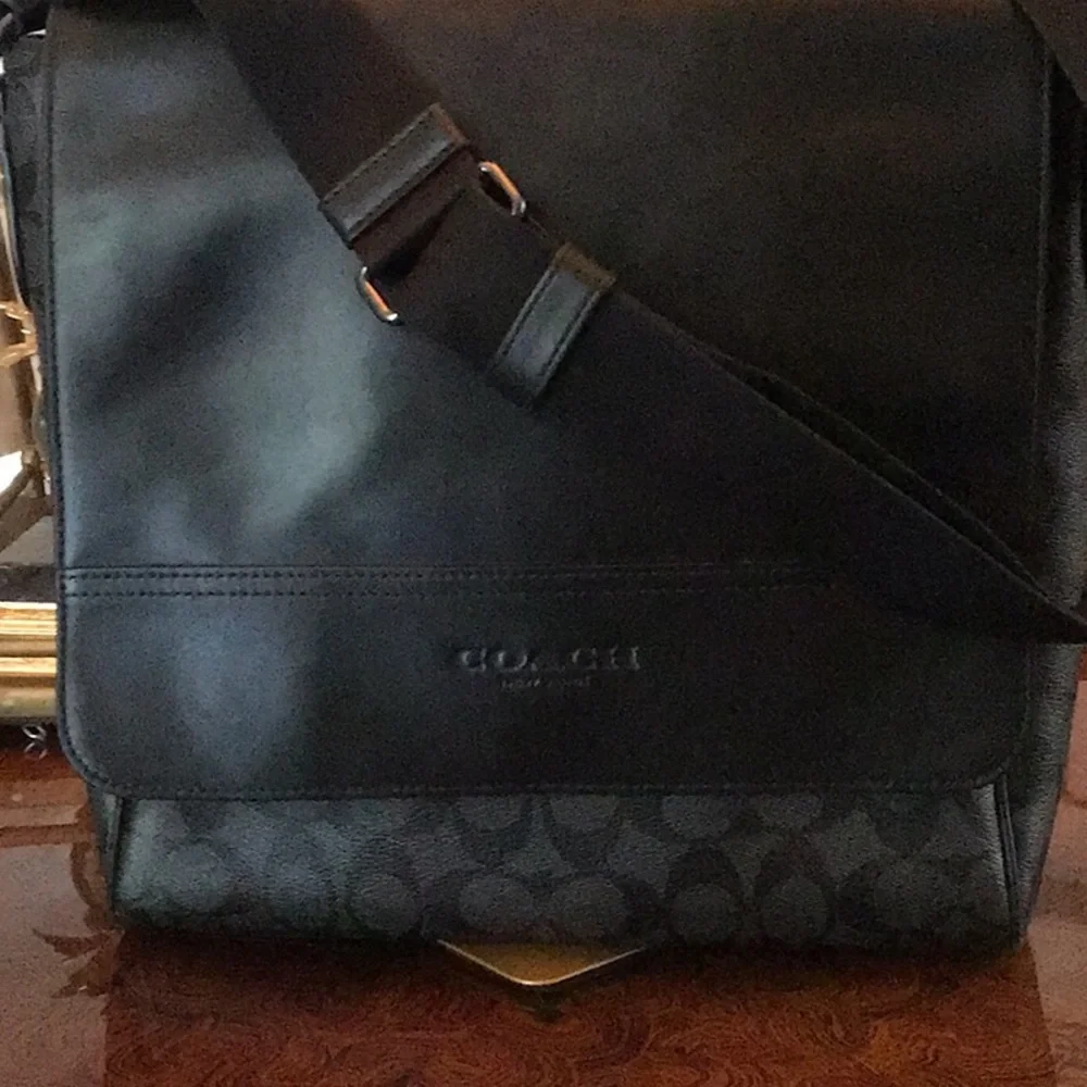 Coach Black Messenger Flap Bag with Leather Trim Houston Map